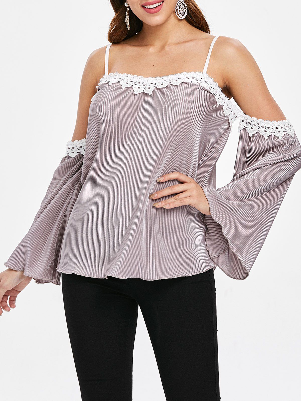 

Crochet Trim Cold Shoulder Long Sleeve Blouse, Wisteria purple