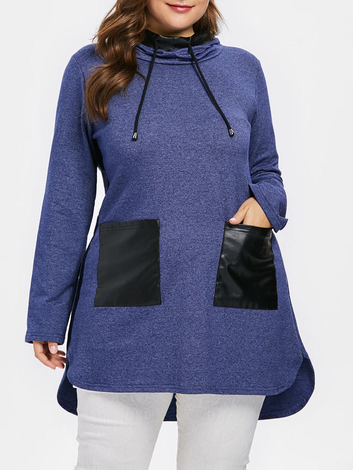 

Plus Size Faux Leather Pockets Long Hoodie, Steel blue