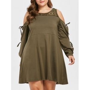 

Plus Size Long Sleeve Lace Trapeze Dress, Moccasin