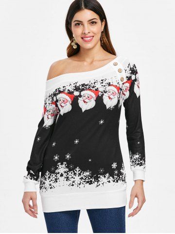 

Pullover Santa Claus Snowflake Skew Neck Christmas Sweatshirt, Black