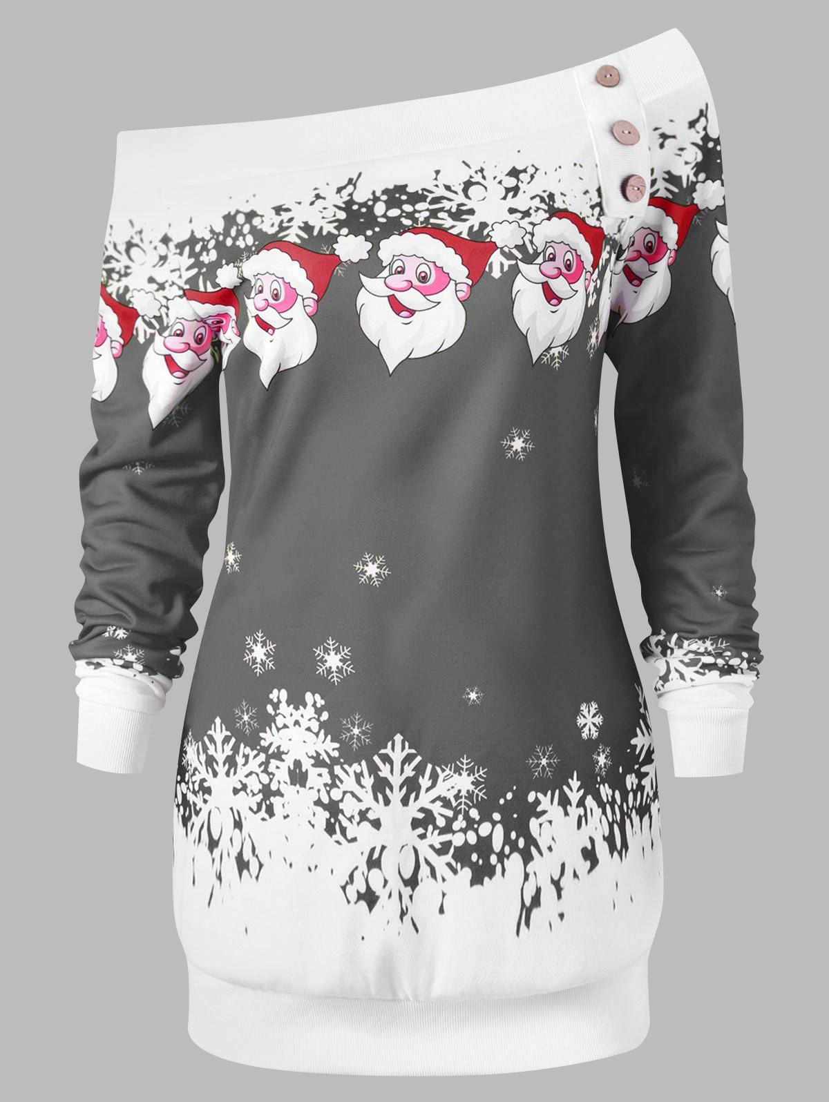 

Pullover Santa Claus Snowflake Skew Neck Christmas Sweatshirt, Gray