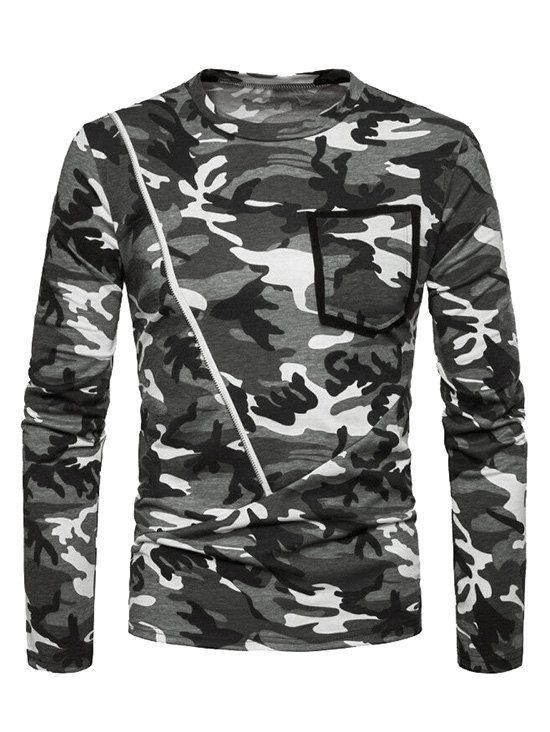 

Zip Embellished Round Neck Camo T-shirt, Gray
