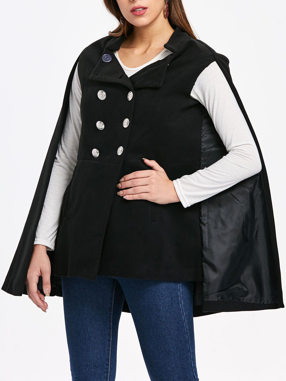 

Front Pocket Double Breasted Cape Coat, Black