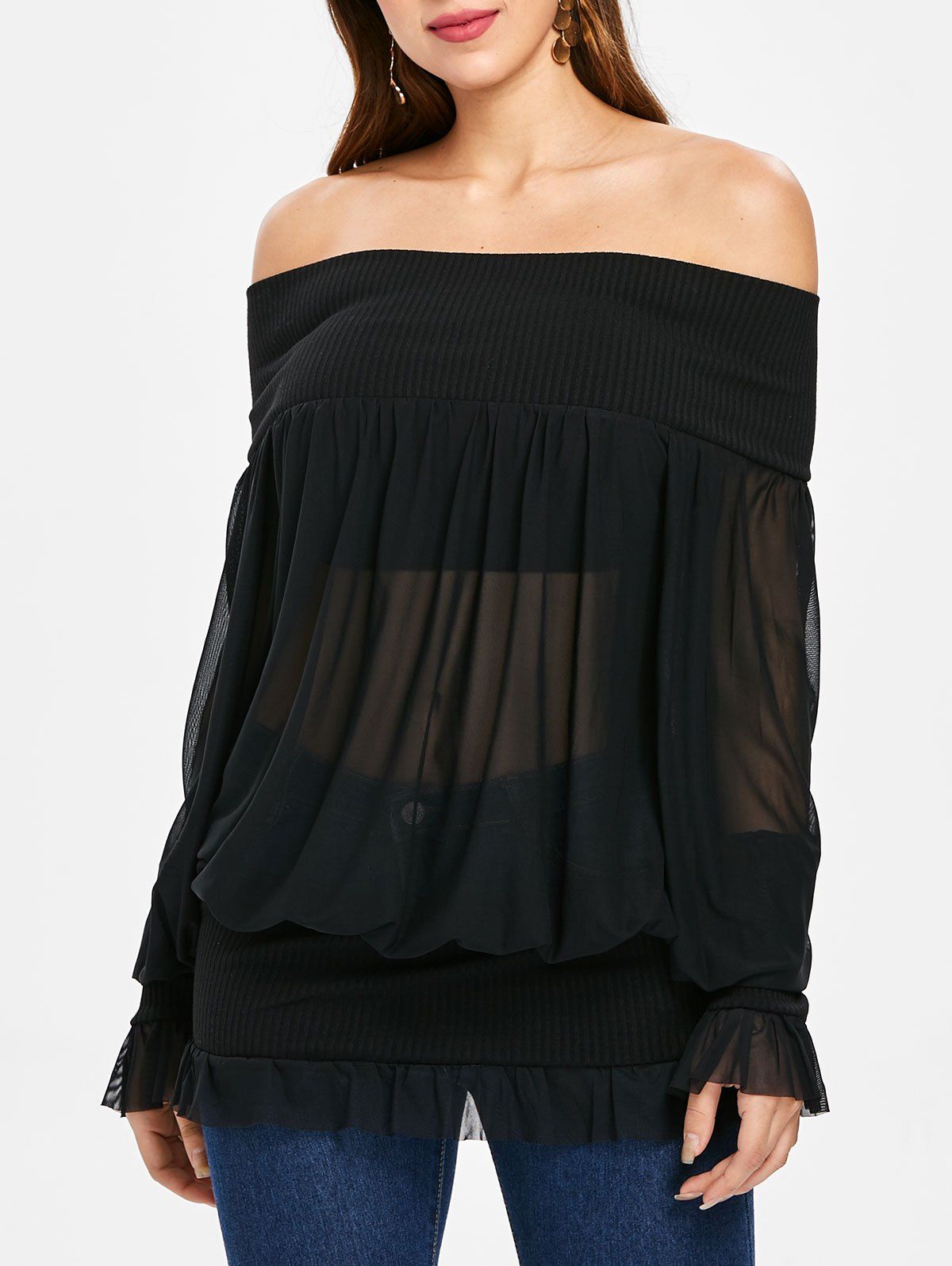 

Off Shoulder Mesh Blouson Top, Black