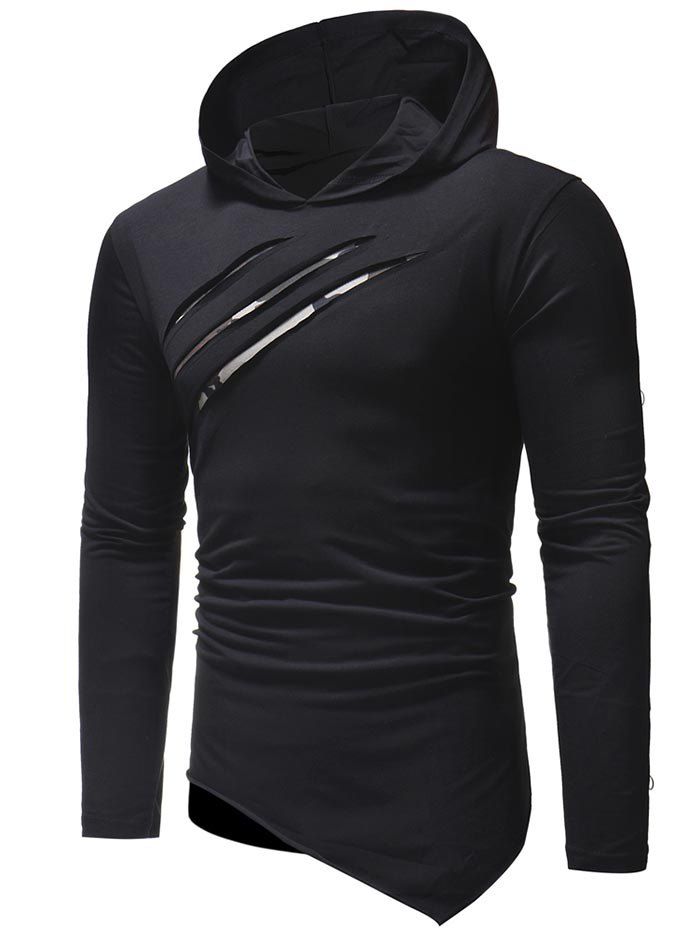 

Atypical Hem Camo Splicing Hooded T-shirt, Black