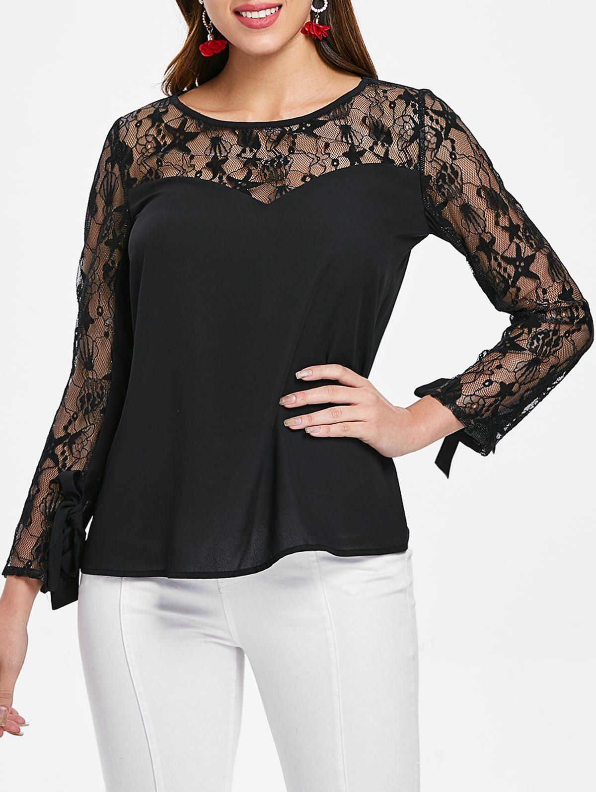 

Lace Full Sleeve Round Neck Blouse, Black