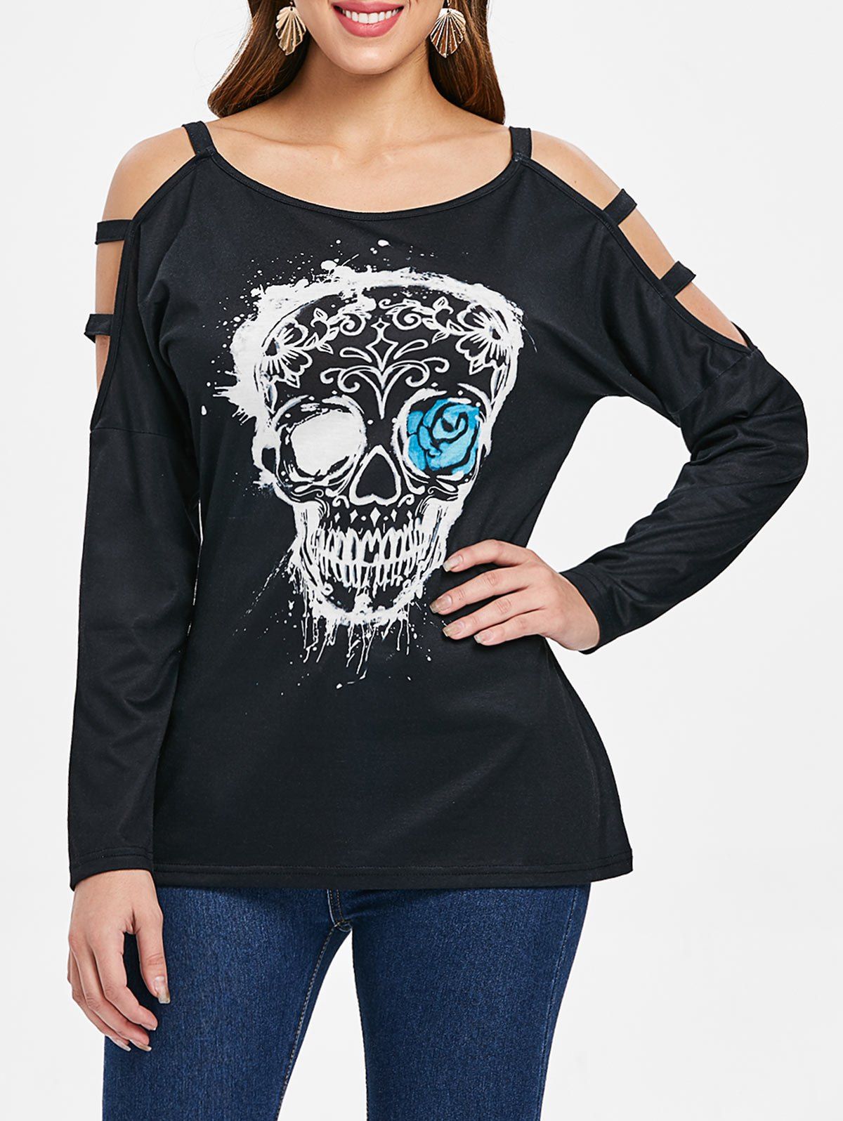 [76% OFF] Skull Print Ladder Cut Long Sleeve T-shirt | Rosegal