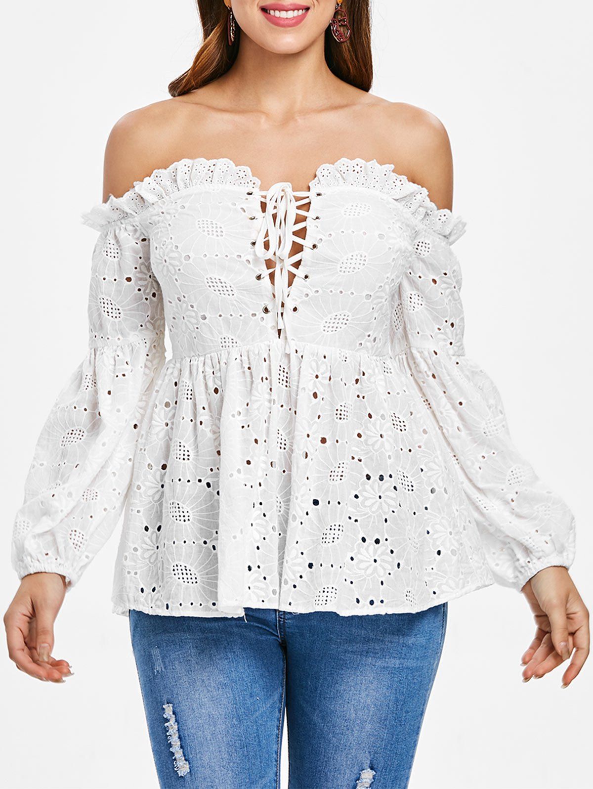 

Ruffle Eyelet Off Shoulder Top, White