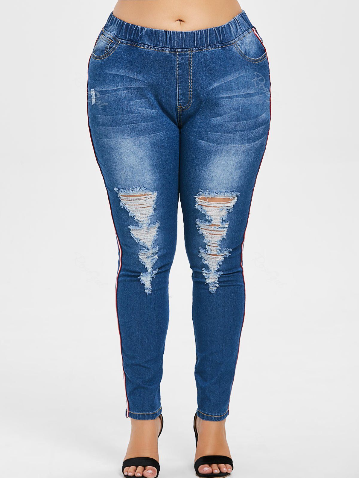  35 OFF Elastic Waist Plus Size Distressed Jeans Rosegal