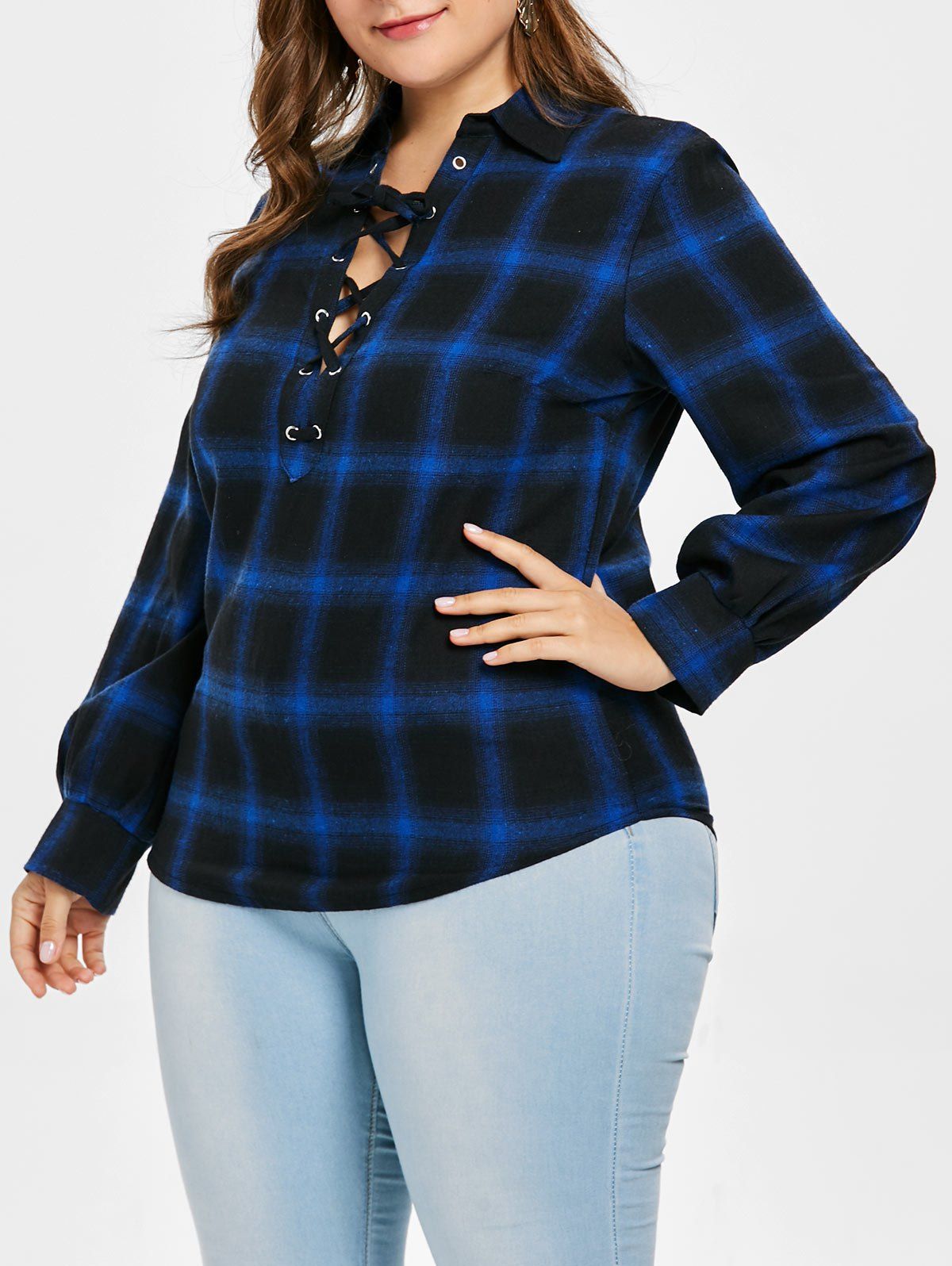 

Lace Up Plus Size Plaid Shirt, Multi