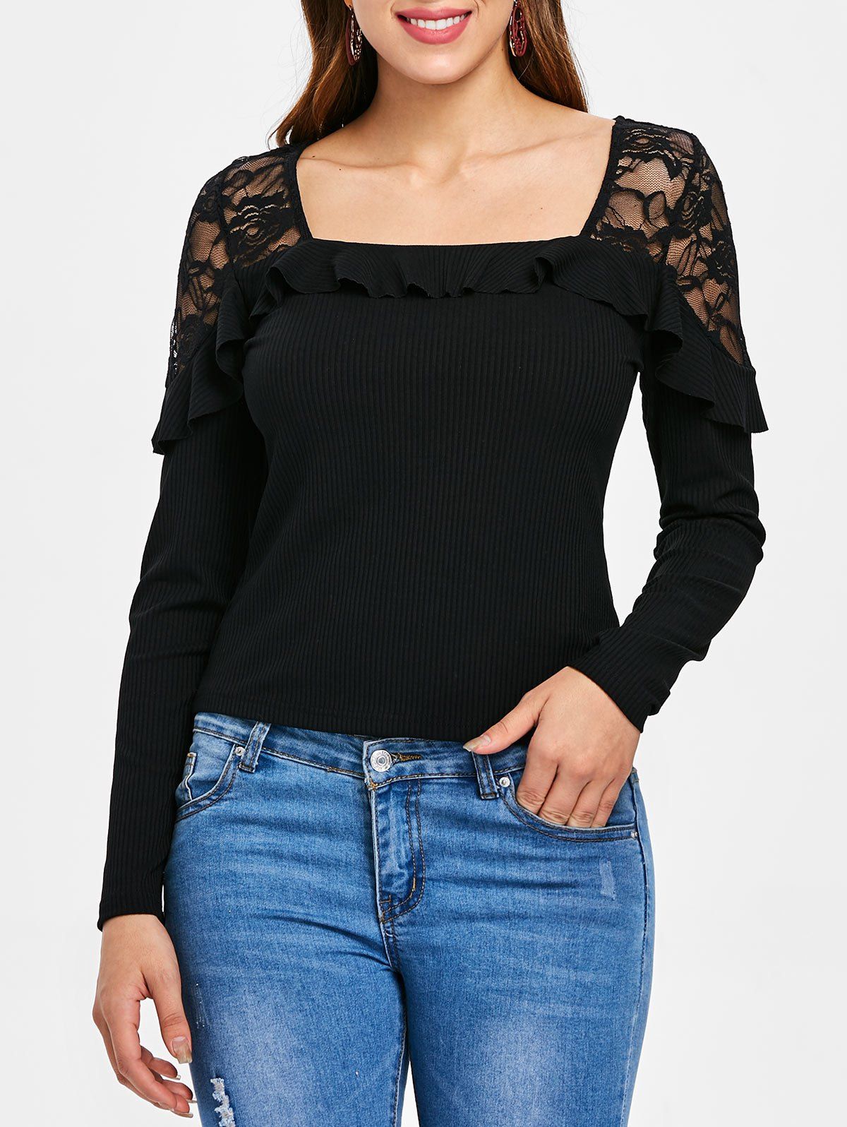 

Lace Panel Ruffle Embellished Ribbed Top, Black
