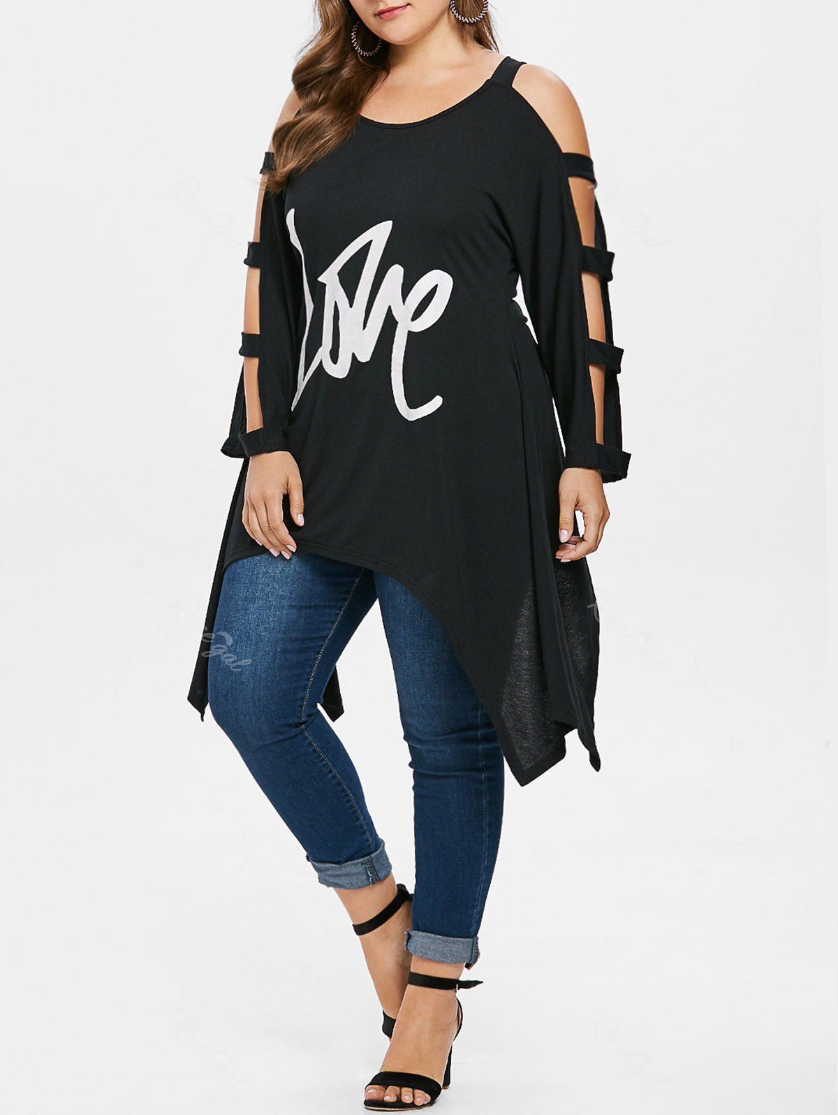 

Plus Size Love Ladder Cut Sleeve T-shirt, Black