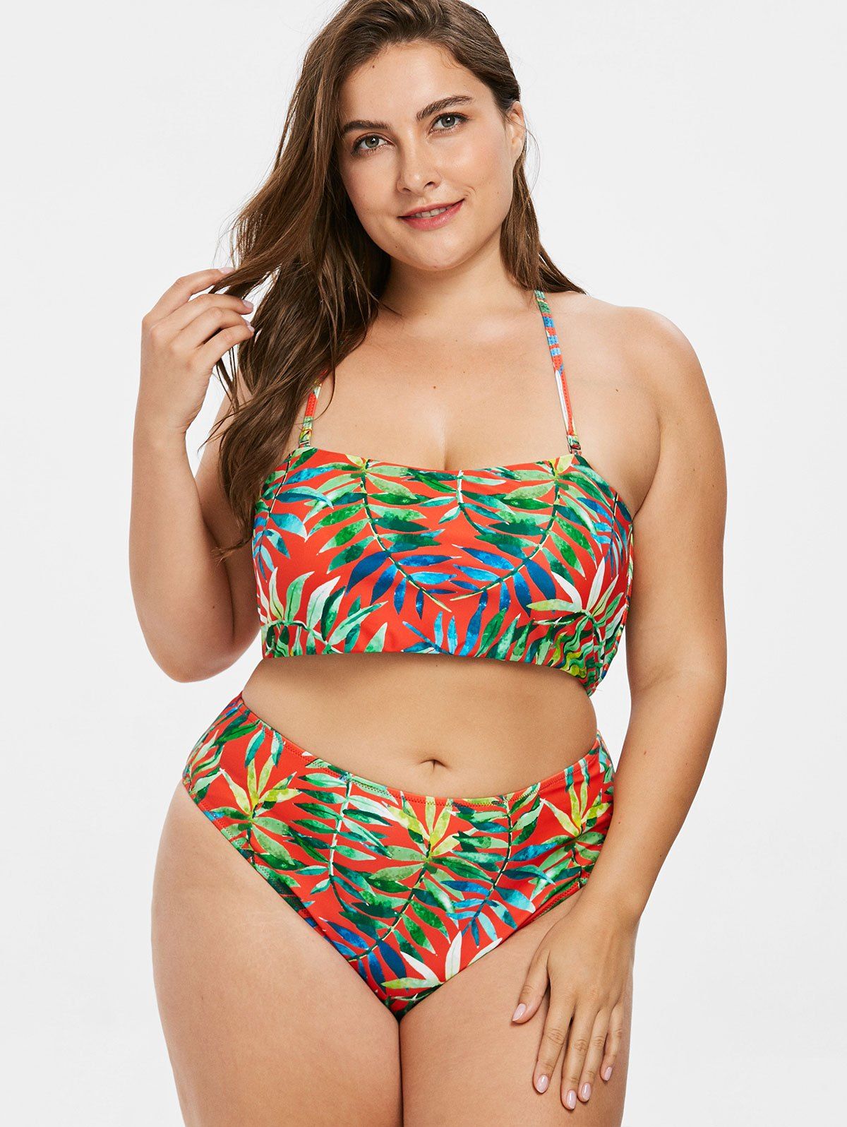 

Leaf Print Plus Size High Rise Bikini Set, Multi