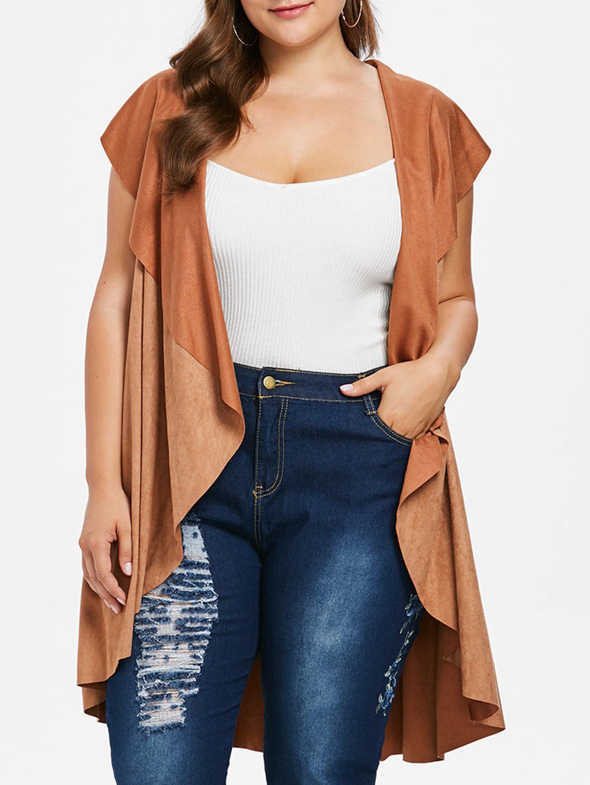 

Plus Size Faux Suede Long Vest, Light brown