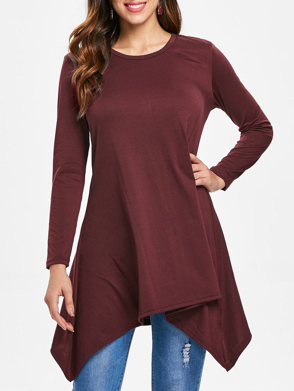 

Asymmetrical Round Neck T-shirt, Red wine