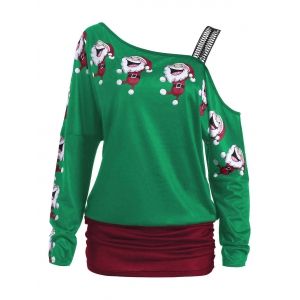 

Santa Claus Laugh Print Cold Shoulder T-shirt, Green