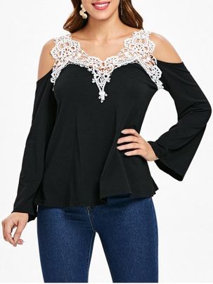 Cold Shoulder Lace Panel Color Block T-Shirt with Long Sleeve
