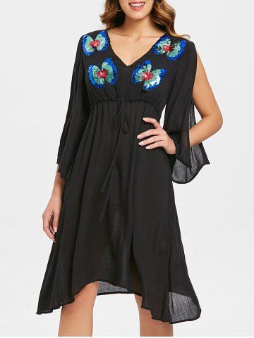 Slit Sleeve Sequins Drawstring Dress - BLACK - L