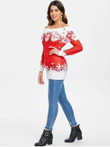 

Pullover Santa Claus Snowflake Skew Neck Christmas Sweatshirt, Red