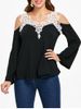 Cold Shoulder Lace Panel Color Block T-Shirt with Long Sleeve -  