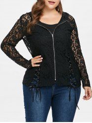 Plus Size Lace Up Lace Jacket with Camisole -  
