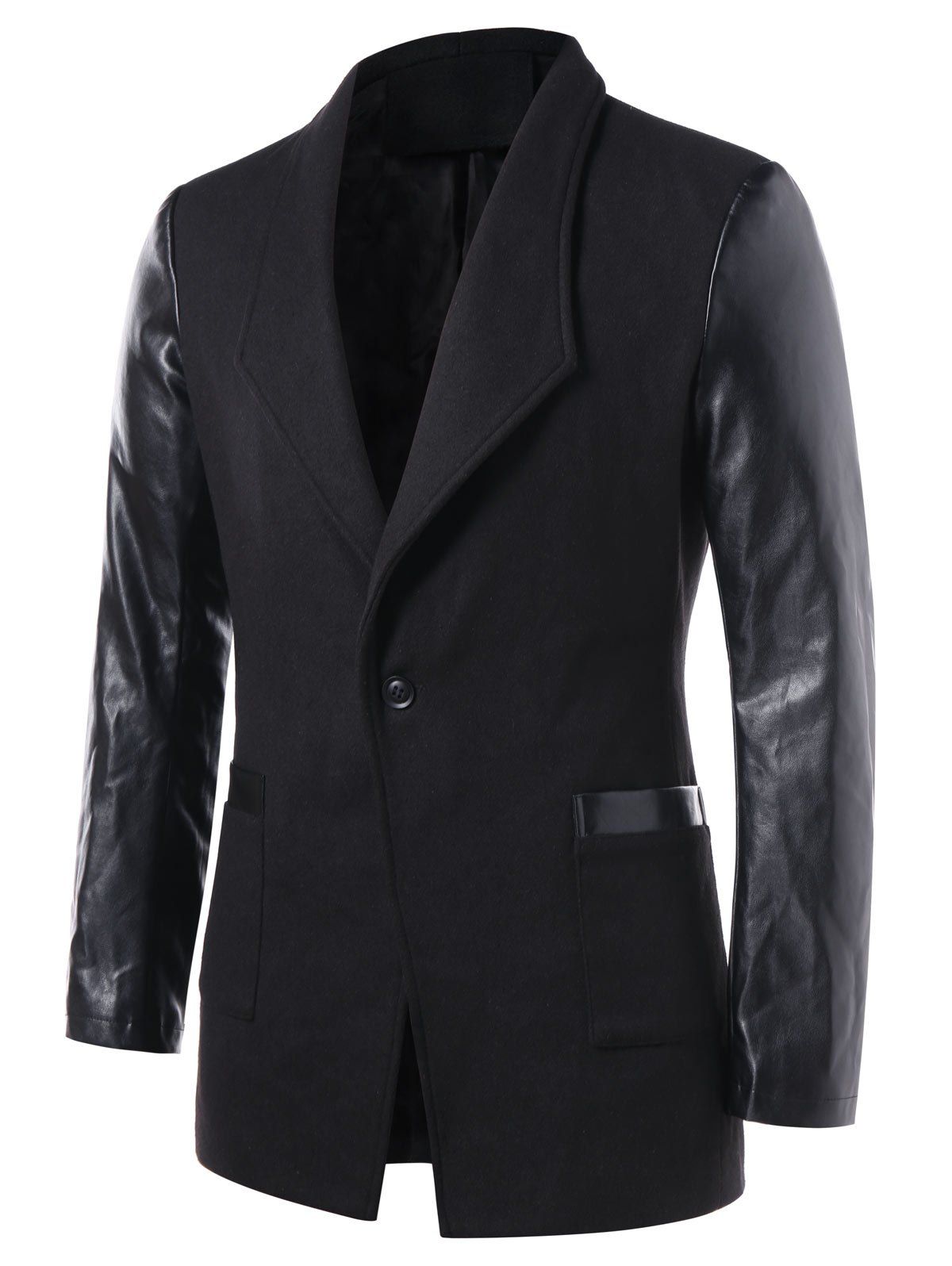 

Slim Fit PU Leather Panel Coat, Black
