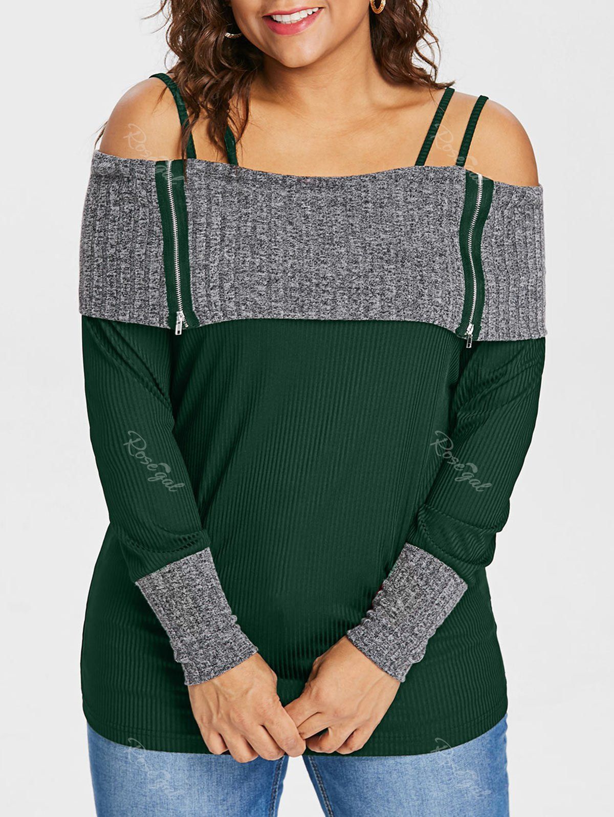 

Plus Size Foldover Cold Shoulder T-shirt, Dark green