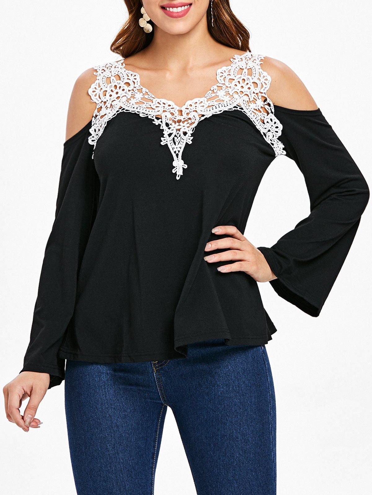 Outfits Cold Shoulder Lace Panel Color Block T-Shirt with Long Sleeve  