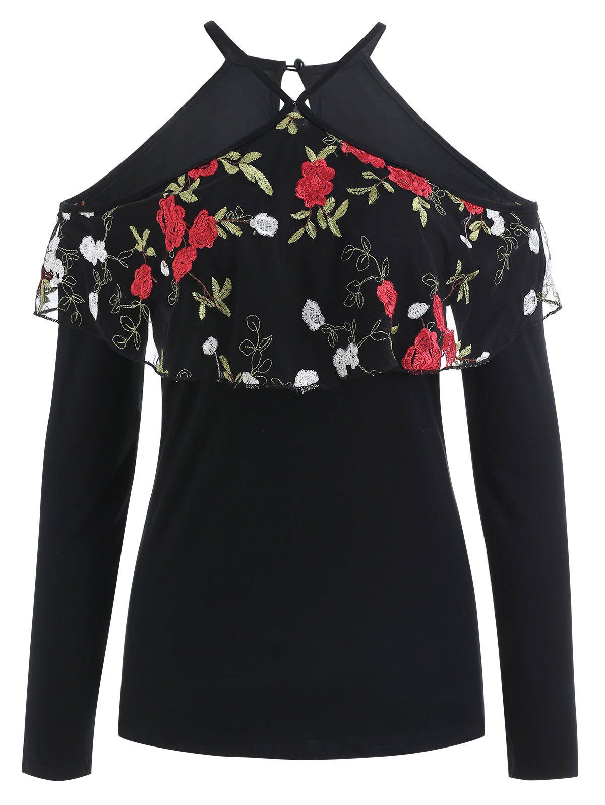 

Floral Embroidery Flounce Cold Shoulder Top, Black