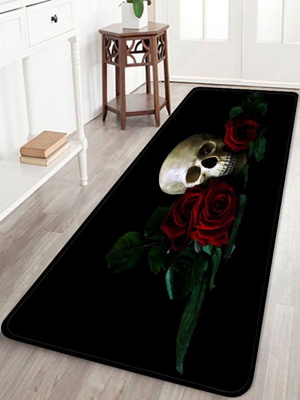 

Skull Rose Pattern Water Absorption Area Rug, Black