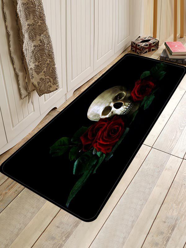 

Skull Rose Pattern Water Absorption Area Rug, Black