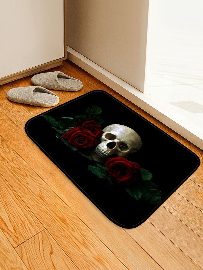 

Skull Rose Pattern Water Absorption Area Rug, Black