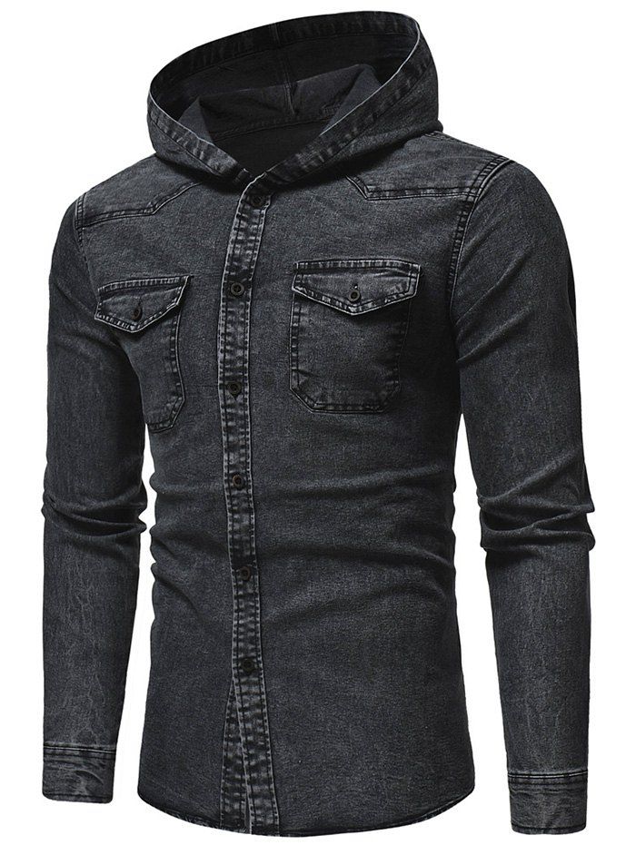 [26% OFF] Button Up Denim Hooded Shirt | Rosegal