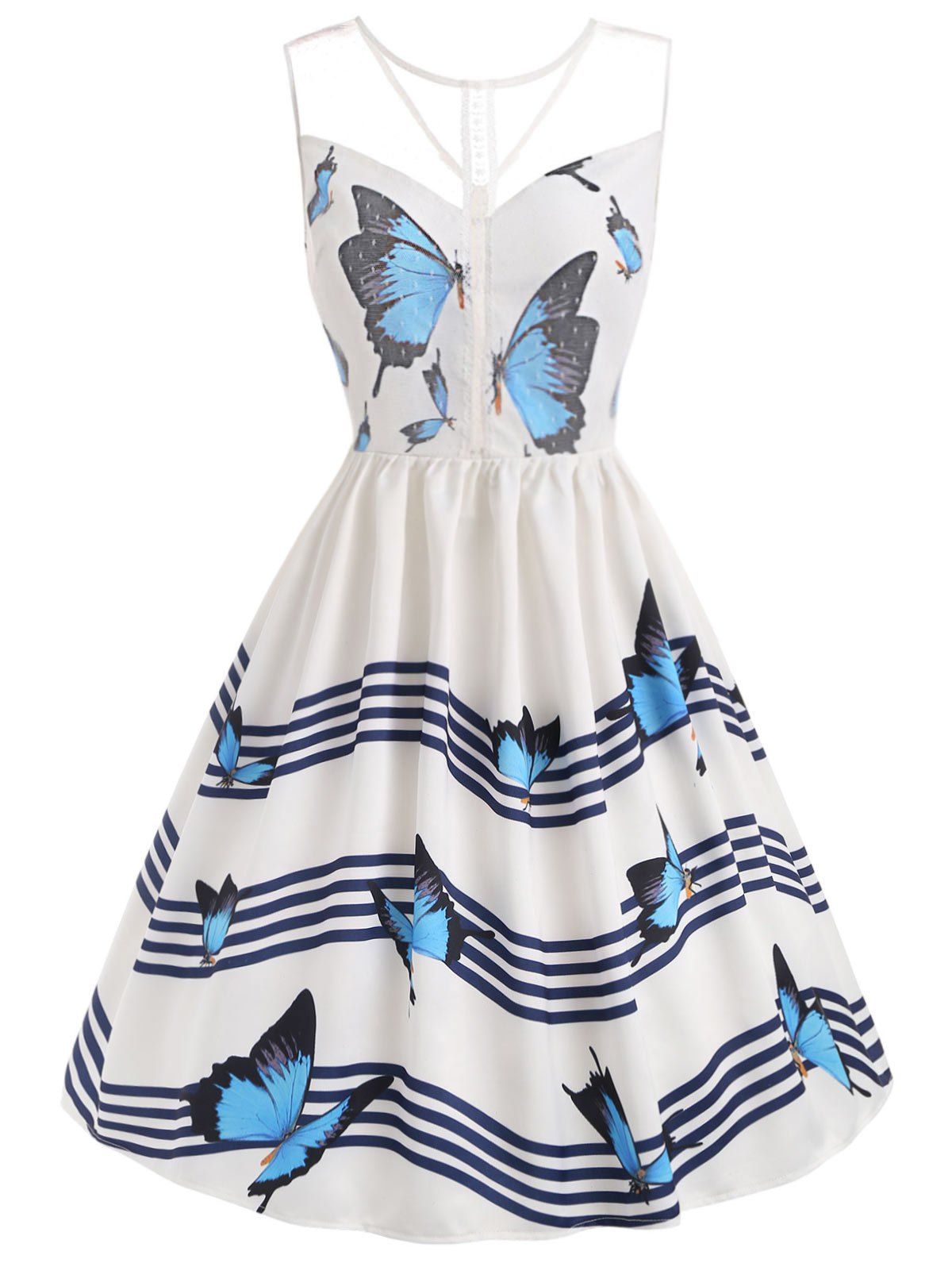 

Butterfly Wave Stripe Print Sleeveless Vintage Dress, White