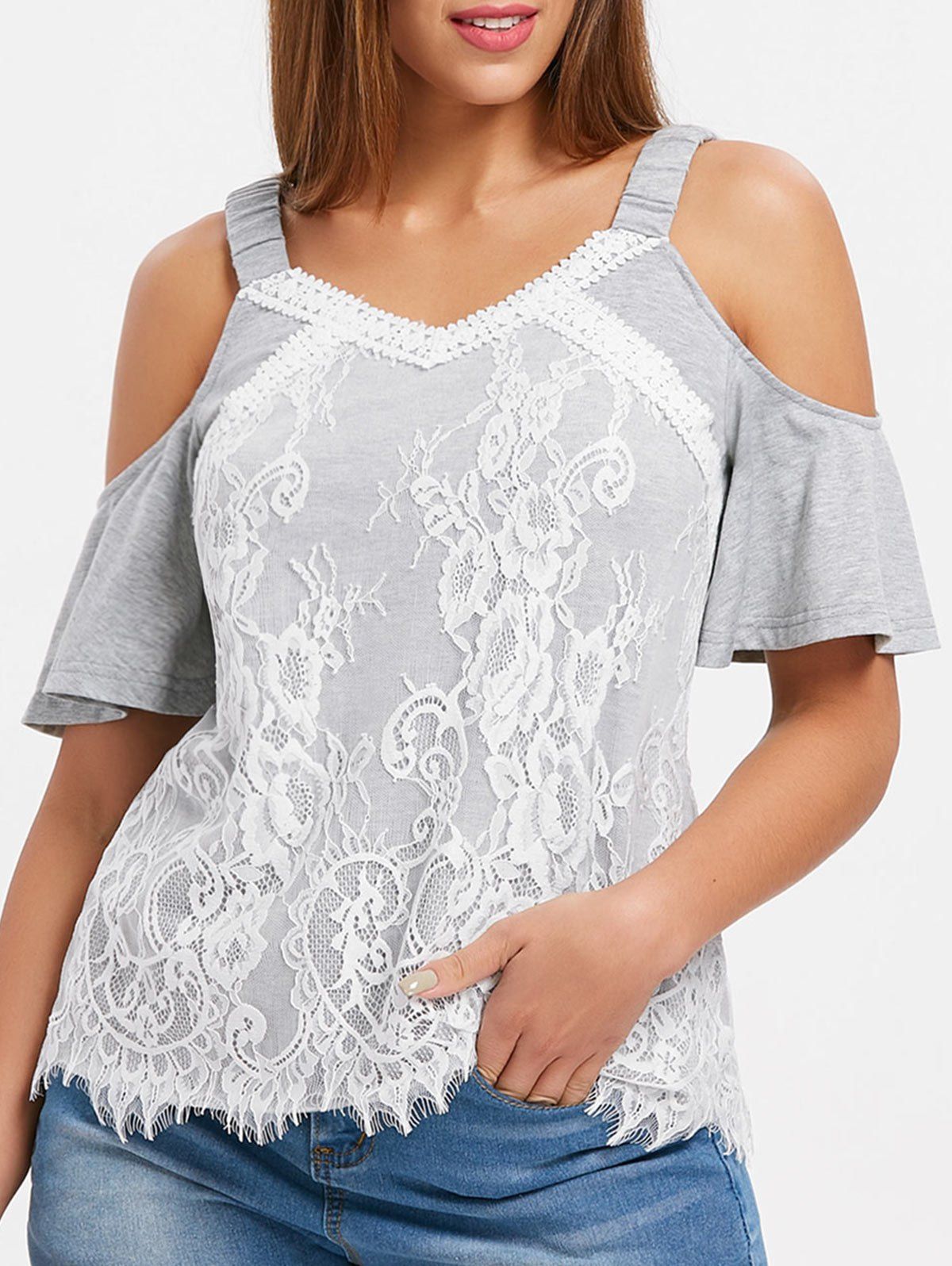 

Lace Panel Cold Shoulder Blouse, Light gray