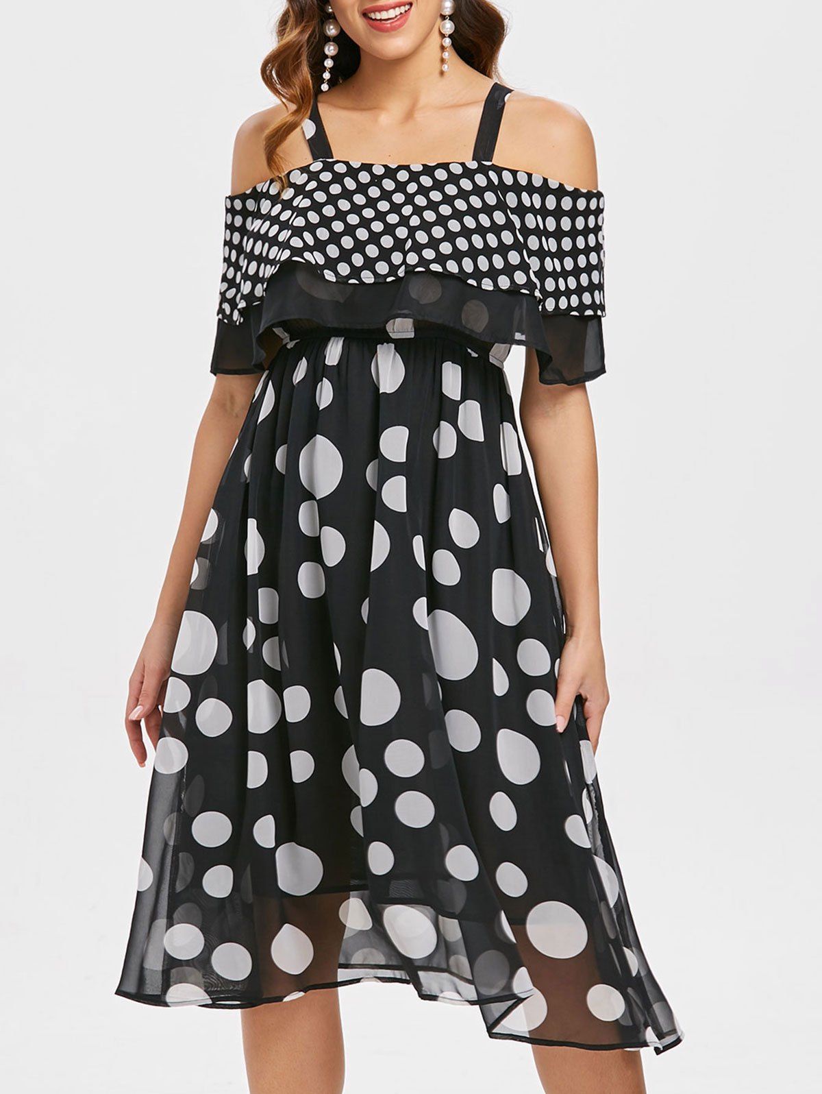 

Open Shoulder Dotted A Line Dress, Black