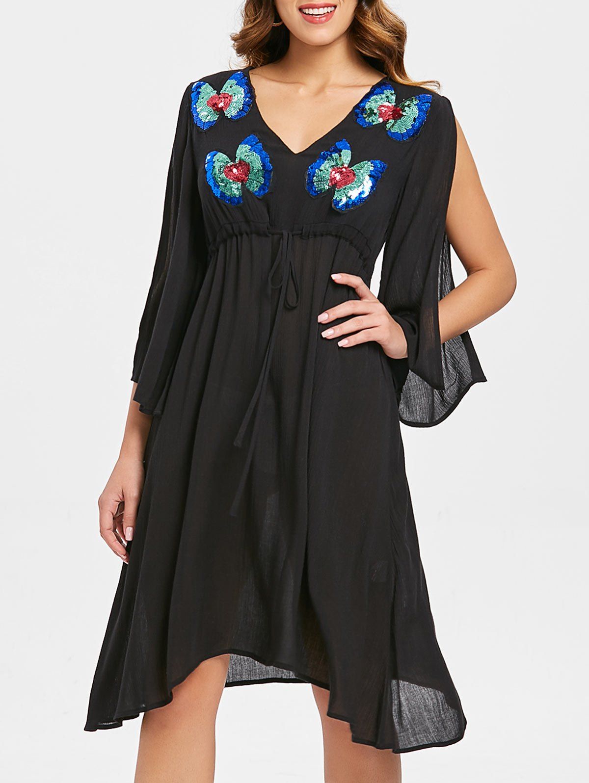 

Slit Sleeve Sequins Drawstring Dress, Black