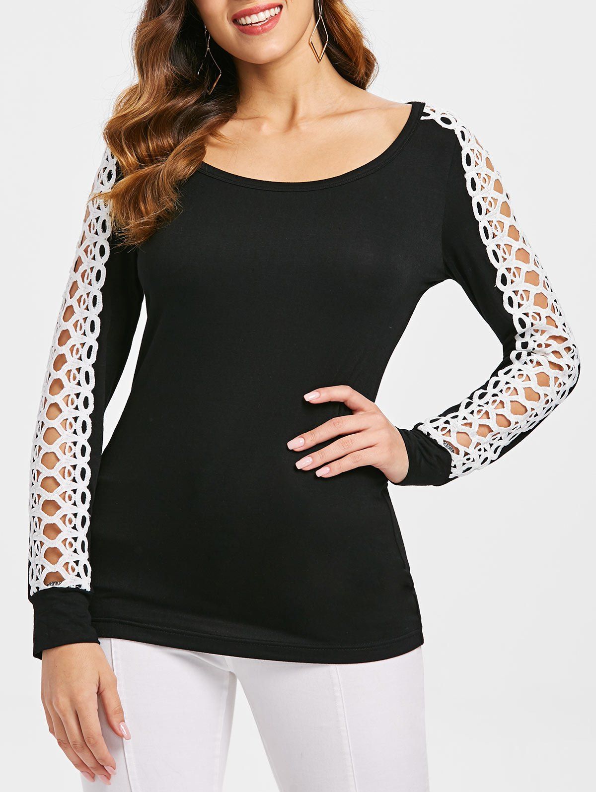 

Hollow Out Crochet Insert Full Sleeve T-shirt, Black