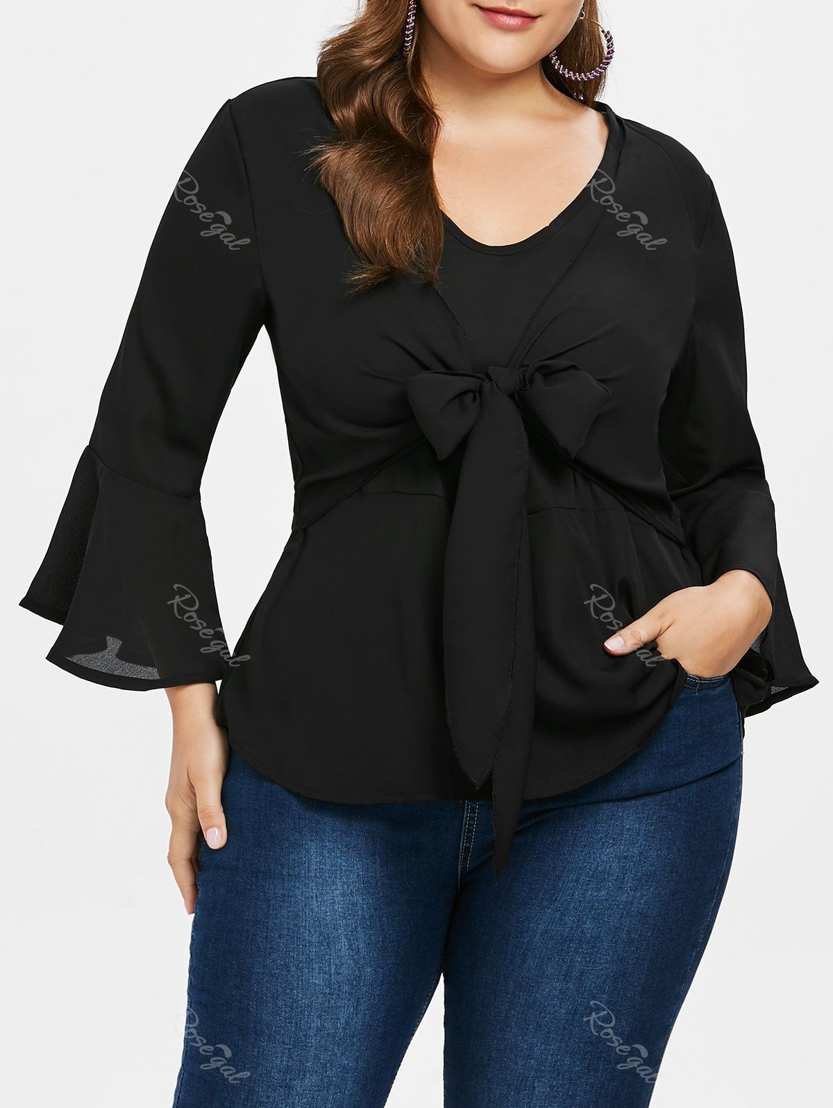 

Plus Size Tie Waist V Neck Blouse, Black