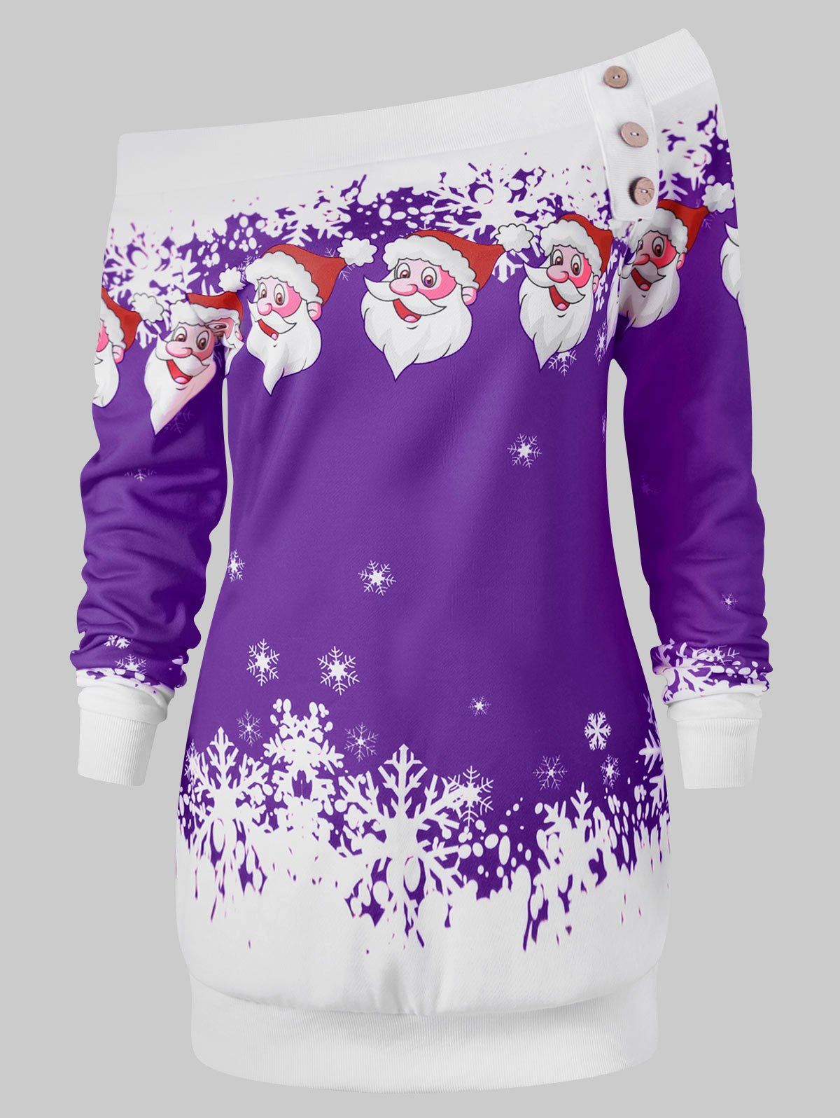

Pullover Santa Claus Snowflake Skew Neck Christmas Sweatshirt, Purple