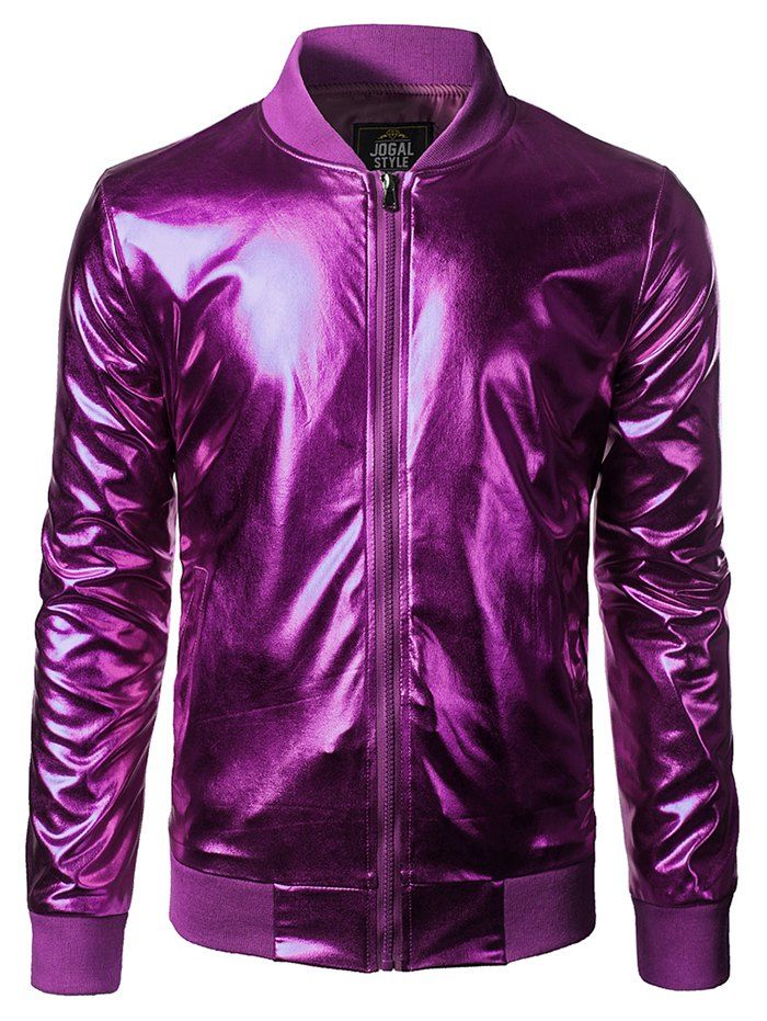 

Costume Front Zipper Shiny Bomber Jacket, Purple