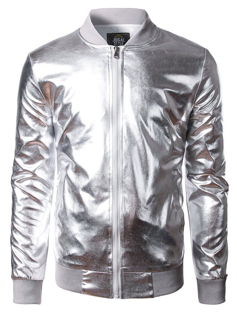 

Costume Front Zipper Shiny Bomber Jacket, Platinum