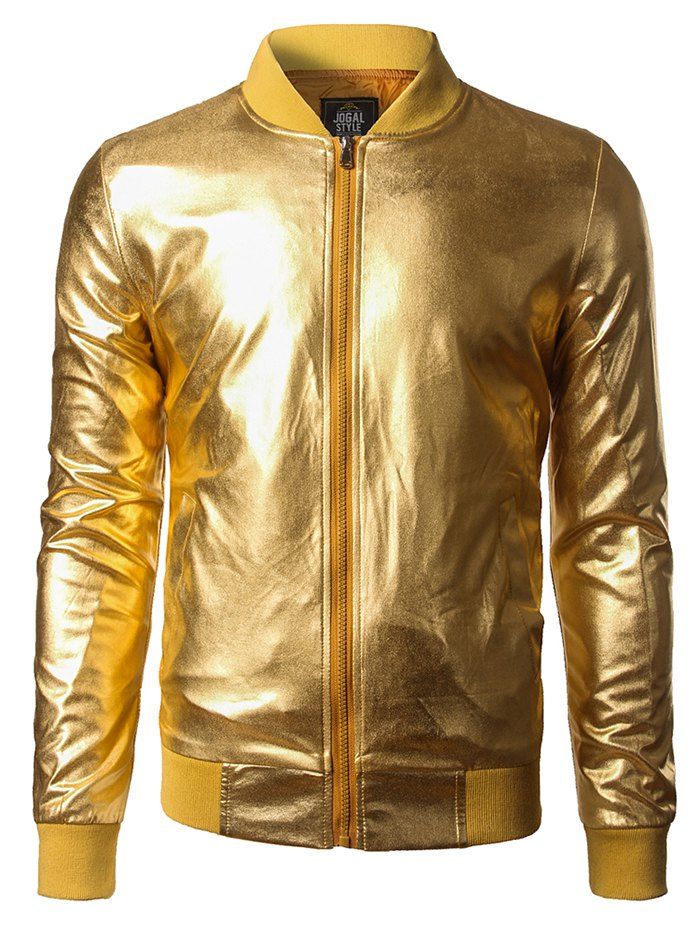 

Costume Front Zipper Shiny Bomber Jacket, Golden brown