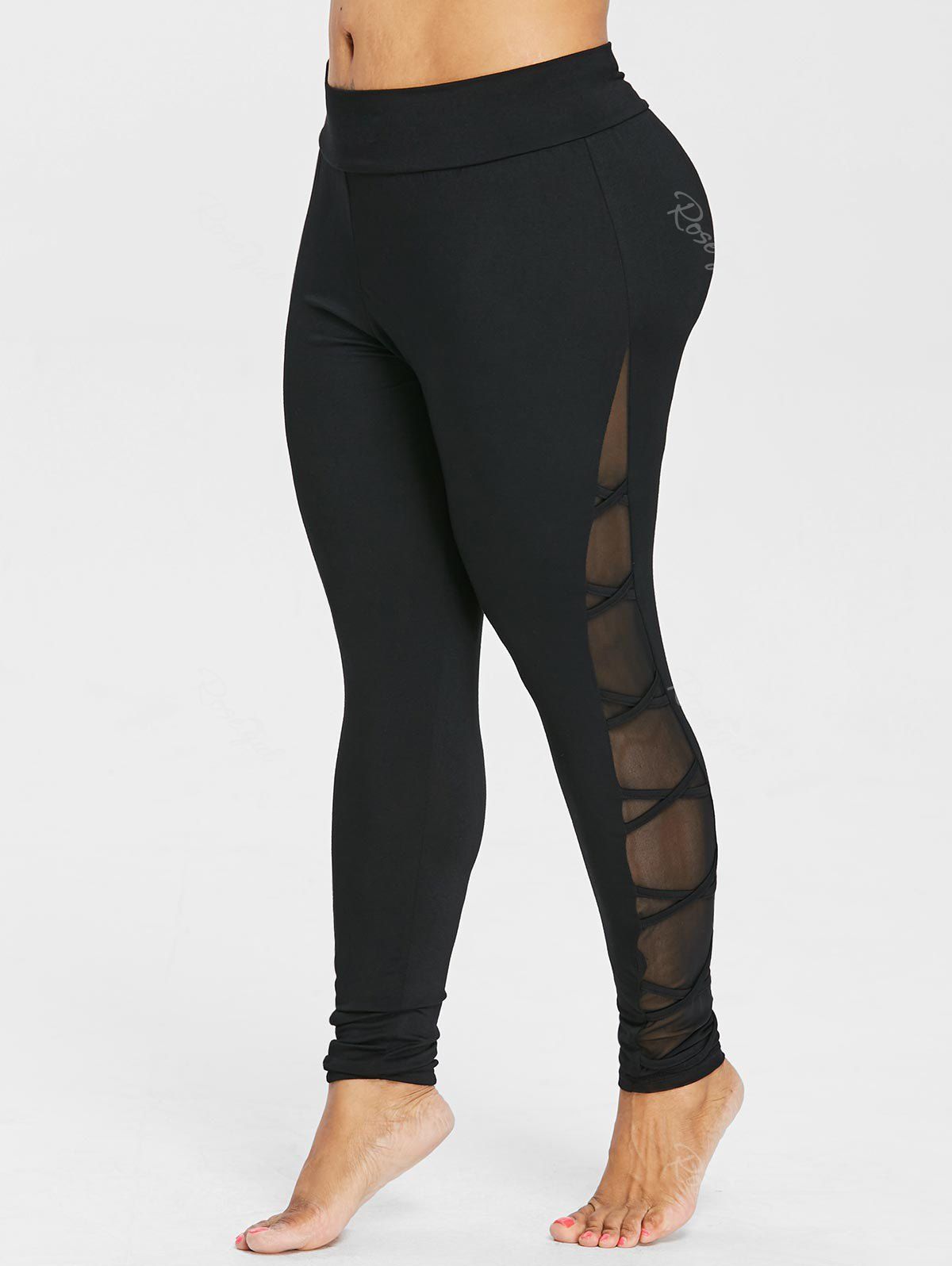 

Plus Size Mesh Insert Wide Waistband Leggings, Black
