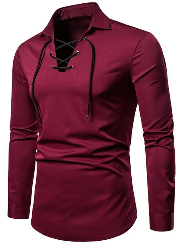 

Lace Up Turndown Collar Shirt, Red wine