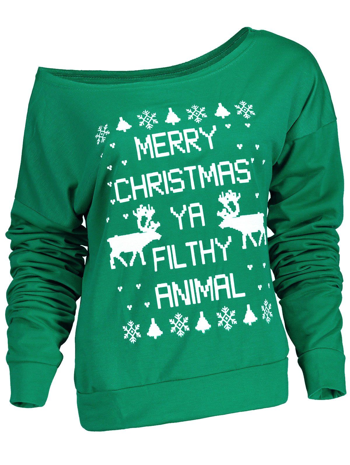 

Fresh Style Letter and Snowflake Print Pullover Christmas Sweatshirt For Women, Green