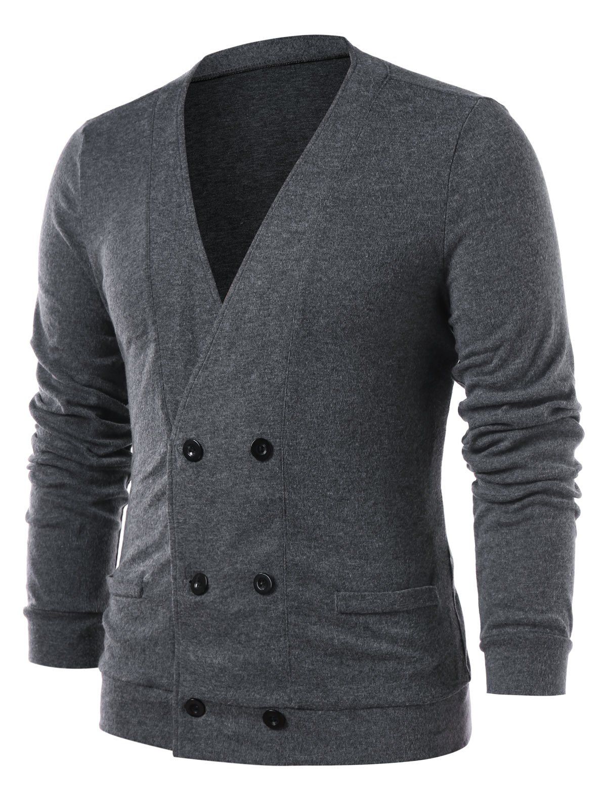 

Double Breasted Collarless Solid Color Cardigan, Gray