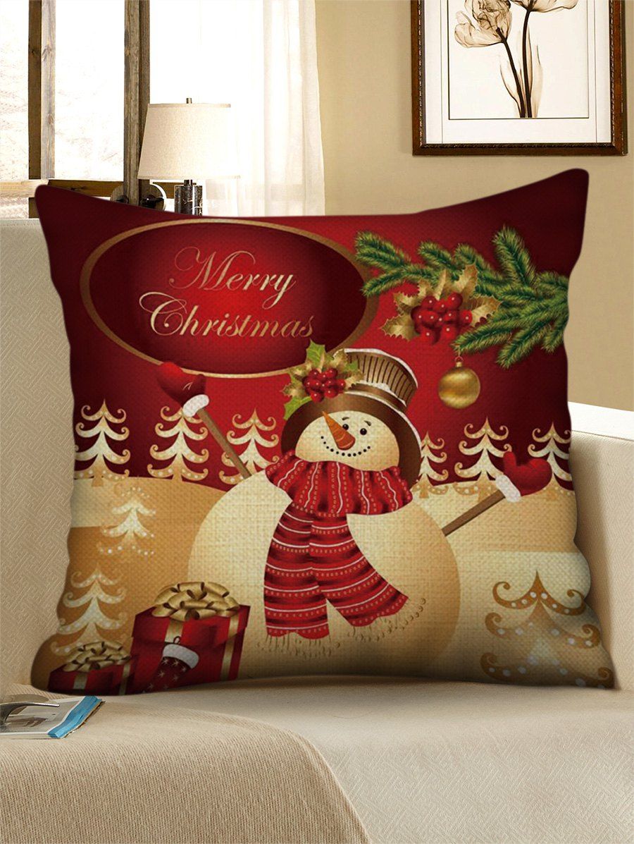 

Merry Christmas Snowman Printed Decorative Linen Pillowcase, Multi