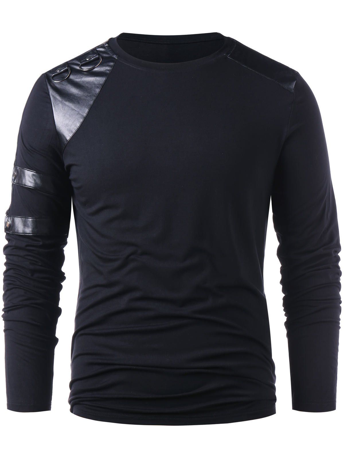 

PU Leather Panel Long Sleeve T-shirt, Black