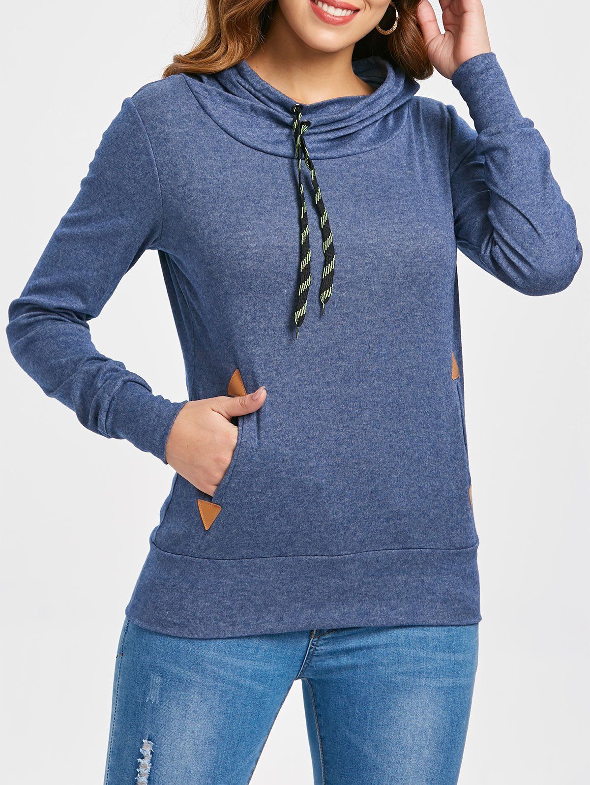 Purplish Blue L Drawstring Pocket Design Embroidered Hoodie